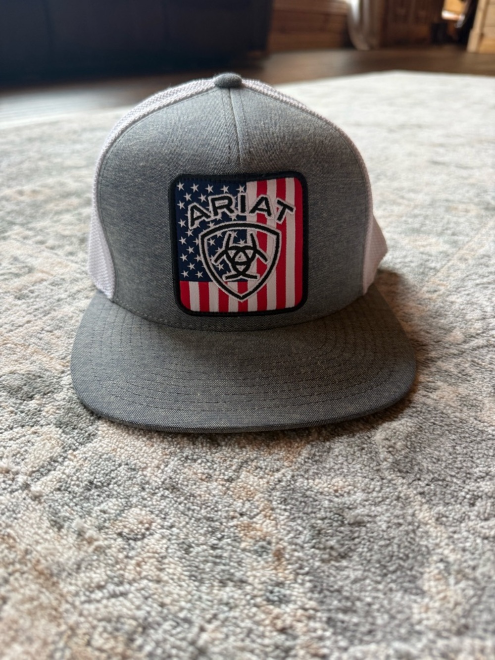 Ariat Gray and White Trucker Hat with American Flag Patch